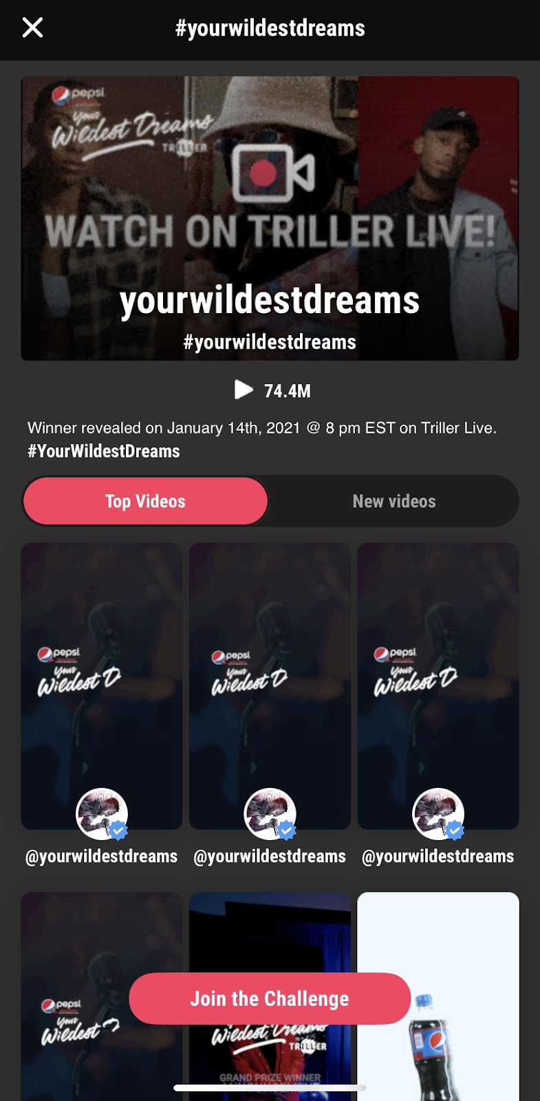 A screenshot of the Triller app that depicts a recent challenge called the 'Your Wildest Dreams' challenge